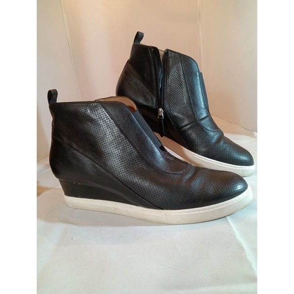 L Paolo Size 12 Med Wedge Sneaker Black Leather Platform Shoes Ankle Zip Bootie - Picture 3 of 14
